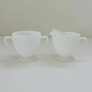 ANCHOR HOCKING Raised Bubble Dot Milk Glass Footed Creamer & Sugar Set